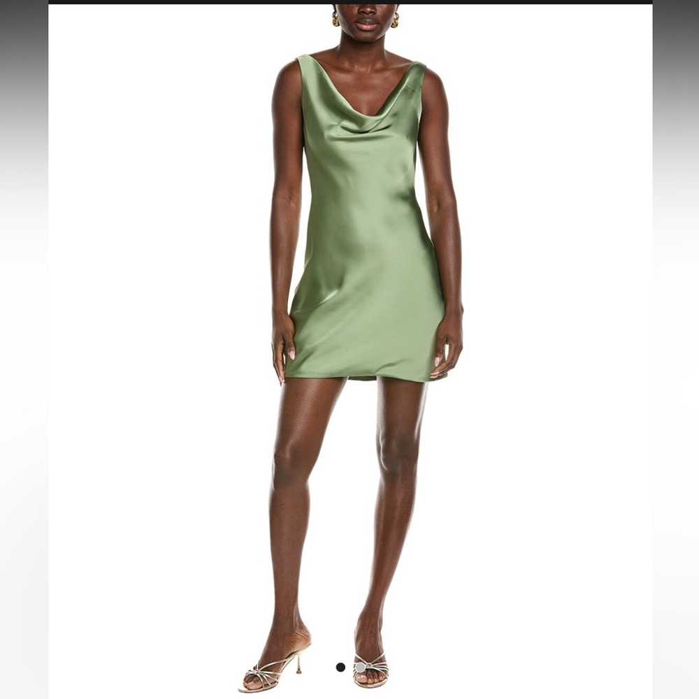 Norma Kamali Cowl Neck Mini Dress | Green Satin Slip Dress | 90s Minimalist